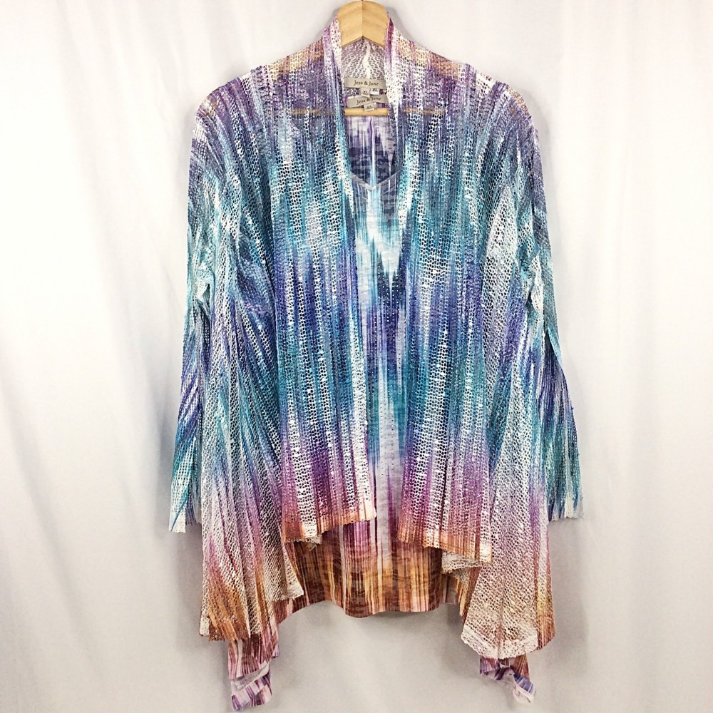 Jess & Jane Cardigan Sweater Tunic Top 2PC XL Asymmetrical Hem Sequin Studded